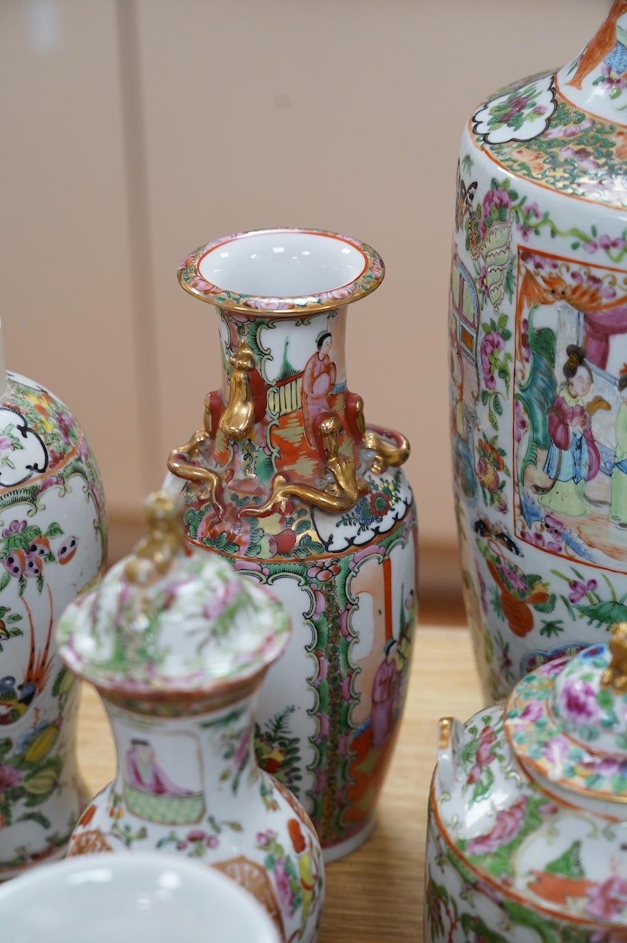 A group of 19th century and later Chinese famille rose porcelain vases and teapots, tallest 39cm high. Condition - poor